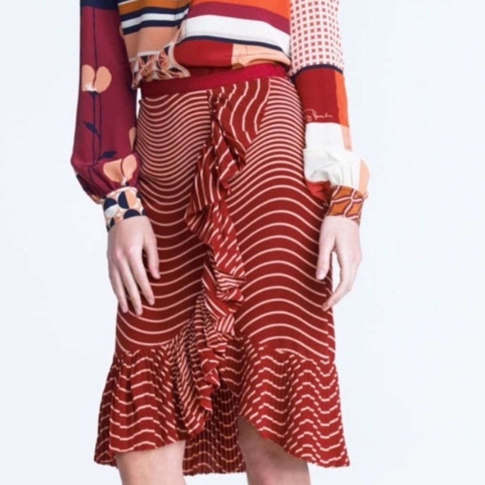 Tory Burch Red Striped Ruffle Skirt